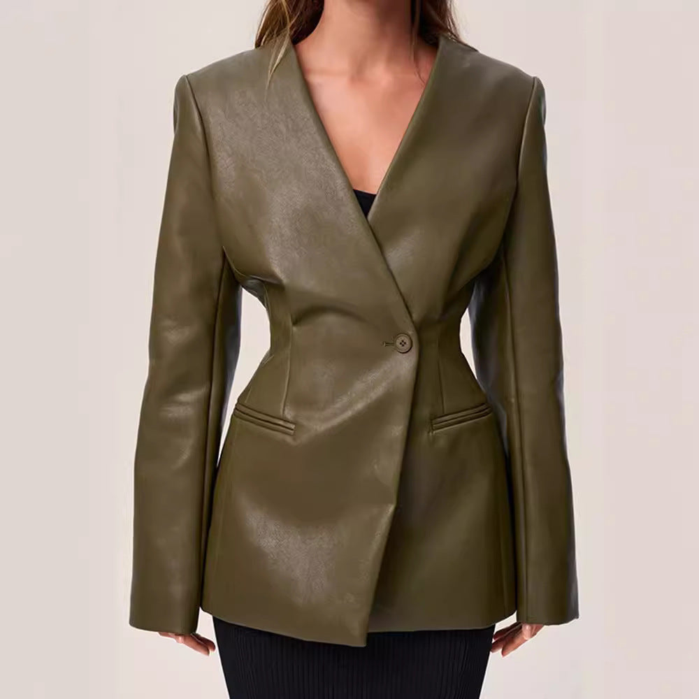 Fashionable Elegant Green V-neck Slim Suit Leather Coat